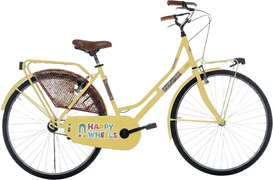 Golden Fries: pale yellow Happy Wheels city bike with a brown saddle and basket