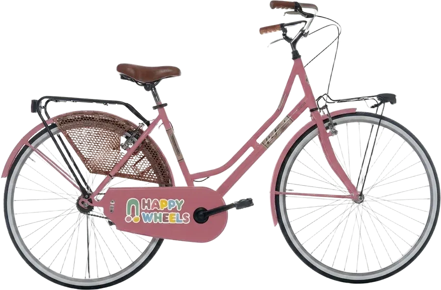 Sugar Waffle: pink Happy Wheels city bike with a brown saddle and basket
